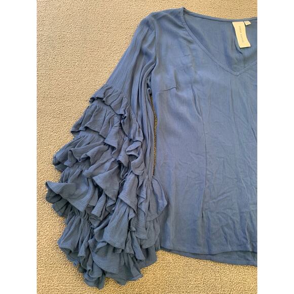 Guest Editor Women's XS  Blouse‎ Top Blue Tiered Frill Sleeve Rayon Crepe - Picture 9 of 14